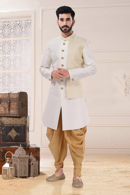 Silk White Color Wedding Wear Readymade Designer Men Indo Western