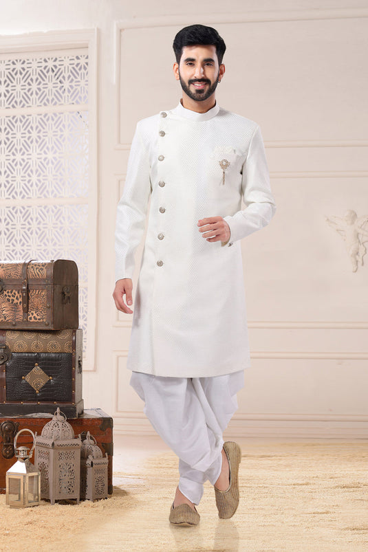 Pretty Jacquard Fabric Wedding Wear Readymade Men Indo Western In White Color