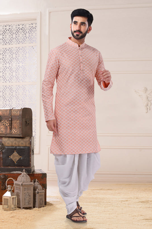 Pink Color Engaging Silk Fabric Festive Wear Readymade Kurta Pyjama For Men