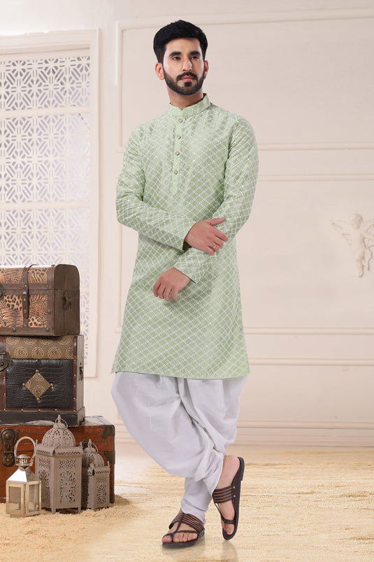 Reception Wear Attractive Readymade Kurta Pyjama For Men In Green Color Silk Fabric