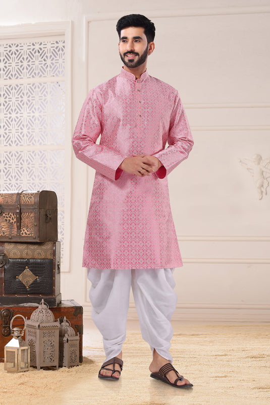 Fancy Fabric Pink Color Readymade Kurta Pyjama For Men