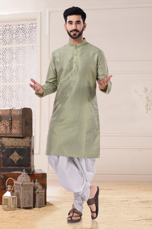 Fancy Fabric Wedding Wear Readymade Green Color Kurta Pyjama For Men