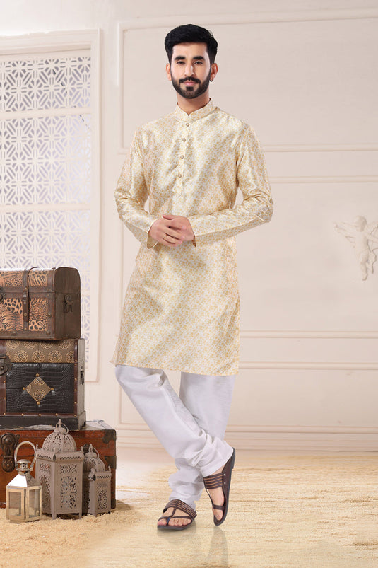 Reception Wear Readymade Beige Color Fancy Fabric Kurta Pyjama For Men