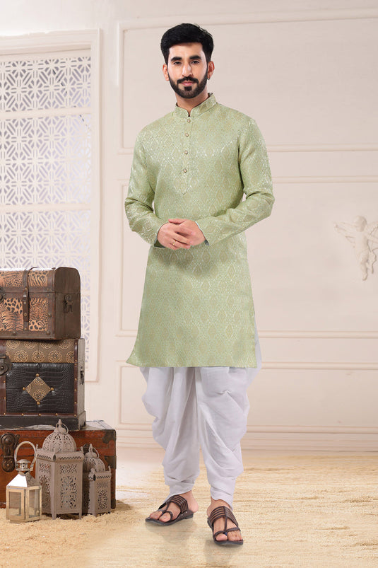 Green Art Silk Fabric Sangeet Wear Trendy Readymade Kurta Pyjama For Men