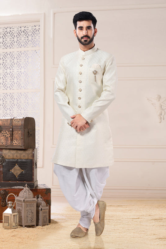 White Wedding Wear Readymade Glamorous Indo Western For Men In Jacquard Fabric