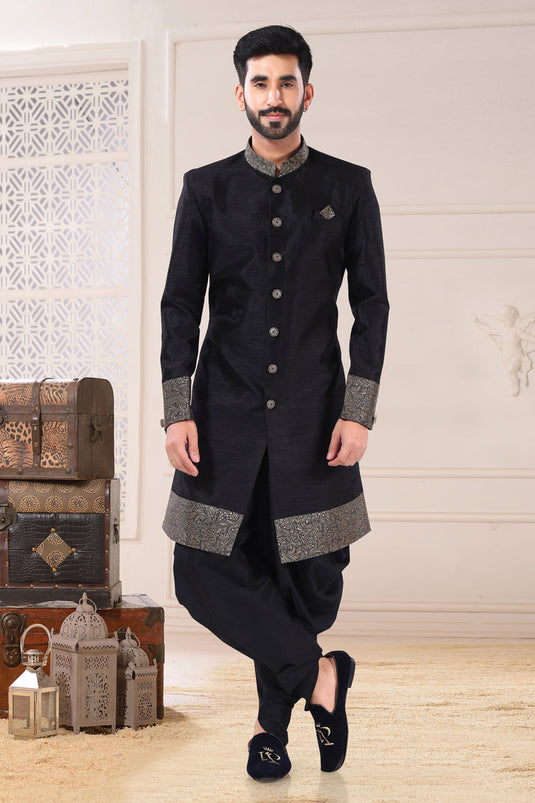 Black Silk Fabric Graceful Readymade Men Indo Western For Wedding Wear