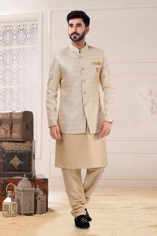 Beige Silk Fabric Magnificent Readymade Men Indo Western For Wedding Wear