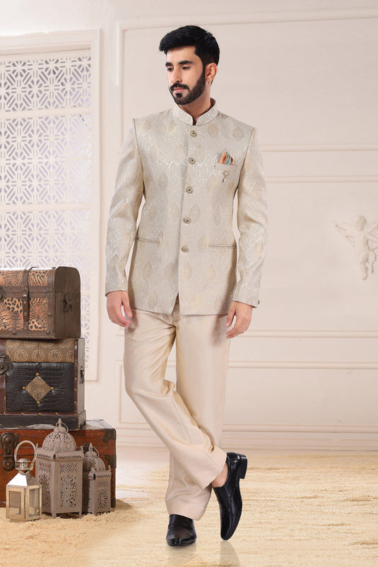 Beige Color Jacquard Fabric Wedding Wear Designer Readymade Jodhpuri Style Indo Western For Men