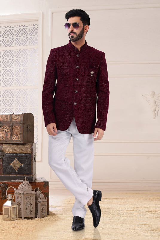 Brocade Silk Wine Color Jodhpuri Suit