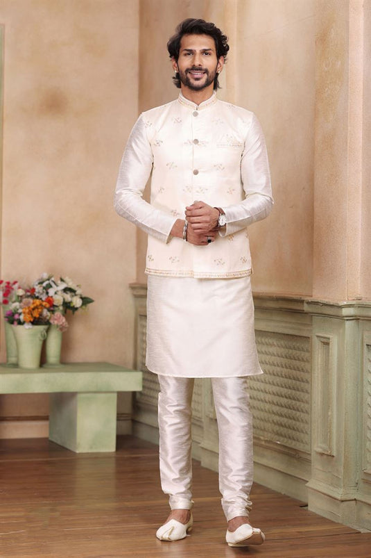 Jacquard Art Silk Fabric Beige Color Readymade Men Stylish Kurta Pyjama With Nehru Jacket set