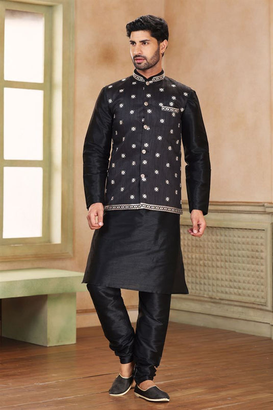 Gorgeous Jacquard Art Silk Fabric Readymade Kurta Pyjama For Men With Nehru Jacket