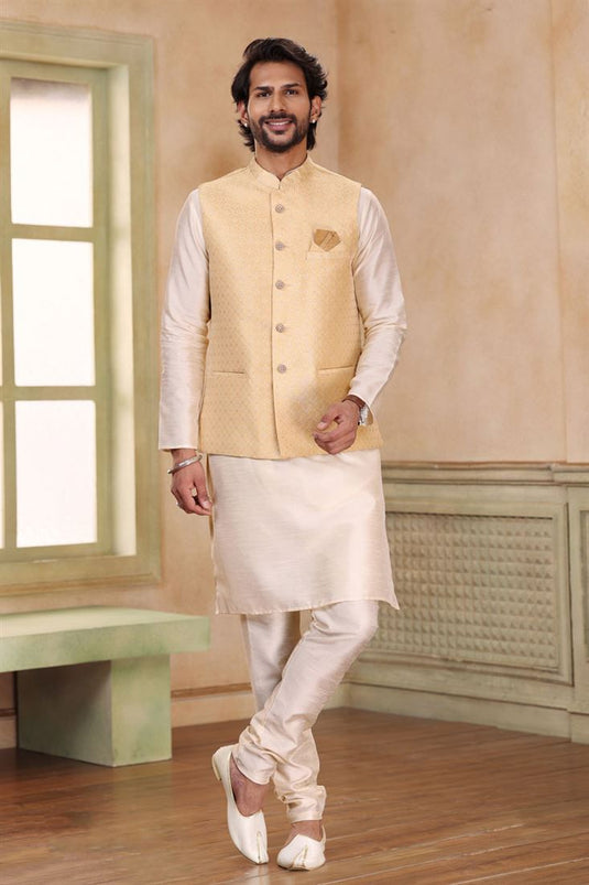 Jacquard Art Silk Fabric Beige Color Readymade Stunning Kurta Pyjama For Men With 3 Pcs Jacket Set