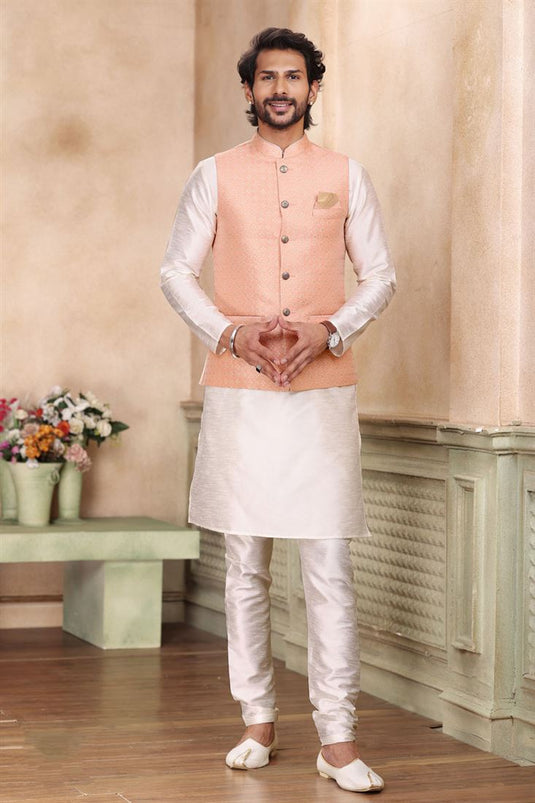 Jacquard Art Silk Fabric Readymade Pretty Off White Color Kurta Pyjama For Men With 3 Pcs Jacket Set