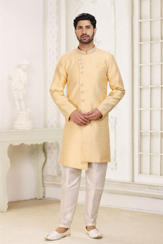 Yellow Jacquard Fabric Trendy Readymade Indo Western For Men