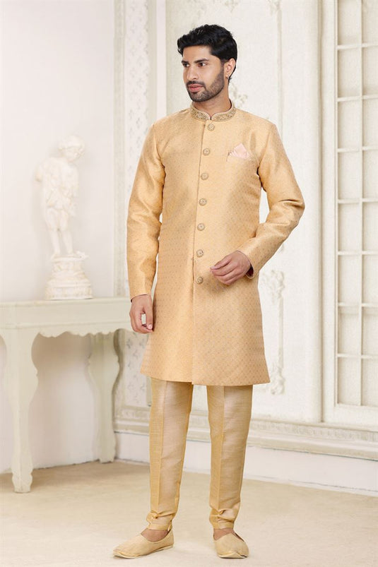 Cream Gorgeous Jacquard Fabric Readymade Indo Western For Men