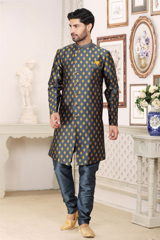 Grey Readymade Glamorous Indo Western For Men In Jacquard Fabric