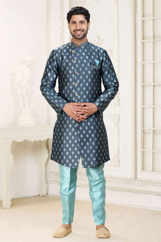 Navy Blue Jacquard Fabric Graceful Readymade Men Indo Western For Wedding Wear