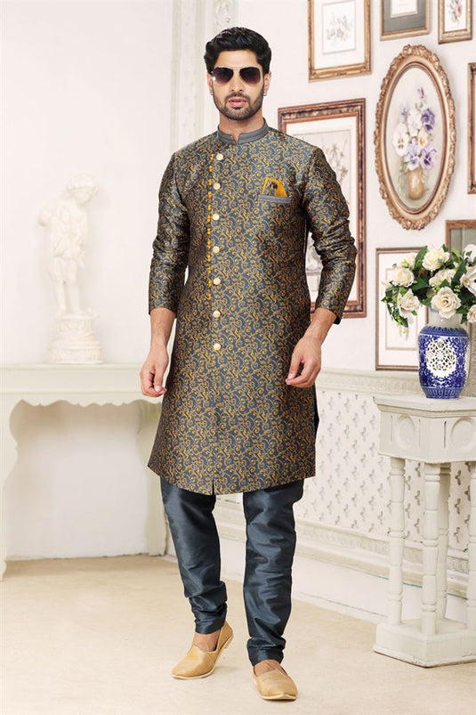 Grey Jacquard Fabric Magnificent Readymade Men Indo Western For Wedding Wear