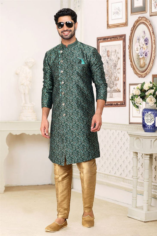 Jacquard Dark Green Magnificent Readymade Men Indo Western For Wedding Wear