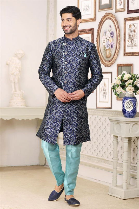 Blue Color Jacquard Fabric Designer Readymade Indo Western For Men