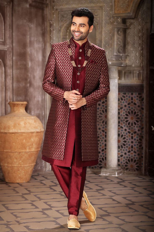 Jacquard Art Silk Attractive Readymade Men Indo Western In Maroon Color
