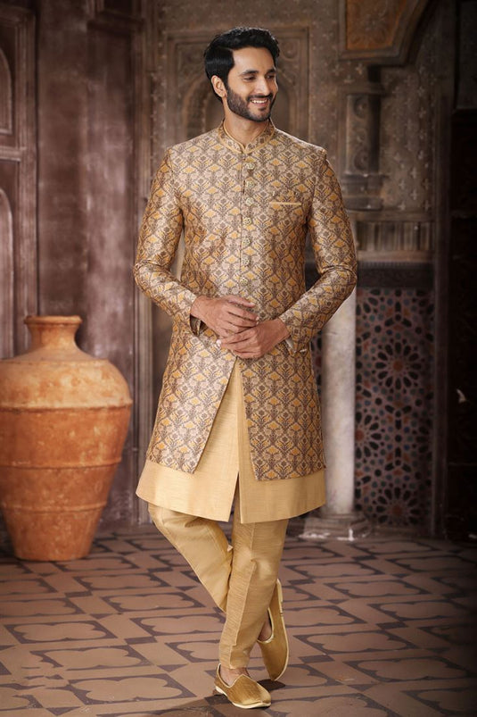 Art Silk Cream Magnificent Readymade Men Indo Western For Wedding Wear