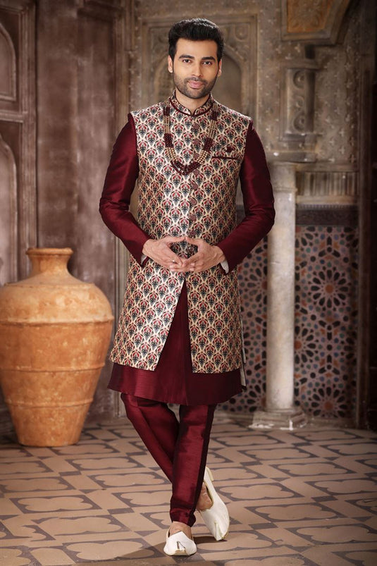 Art Silk Fabric Maroon Color Designer Readymade Indo Western For Men