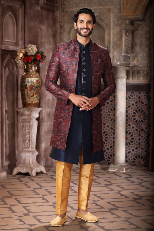 Maroon And Navy Blue Color Art Silk Fabric Designer Readymade Indo Western For Men