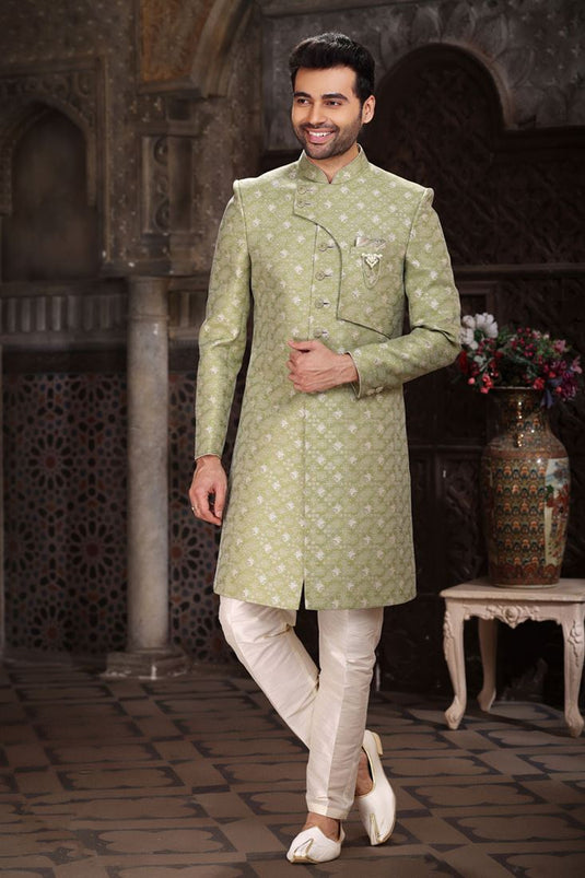 Olive Color Jacquard Fabric Readymade Indo Western For Men