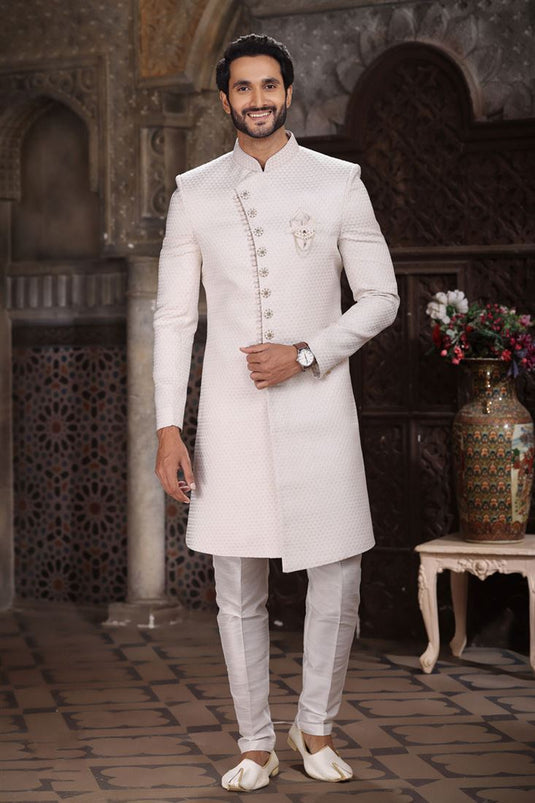 Off White Jacquard Fabric Trendy Readymade Indo Western For Men