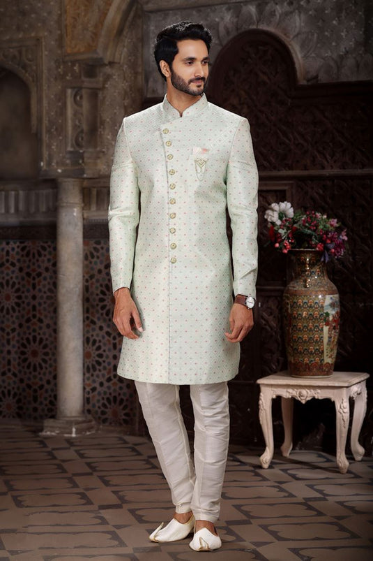 Pretty Jacquard Fabric Readymade Men Indo Western In Sea Green Color