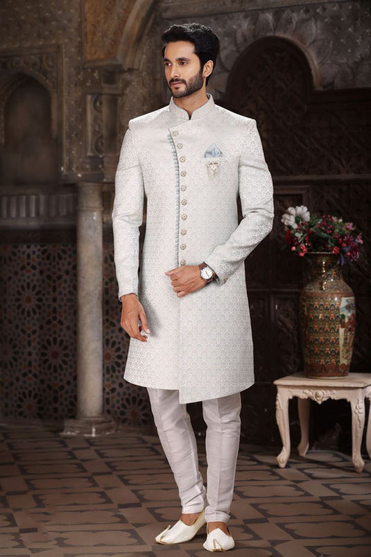 Beautiful Off White Color Readymade Indo Western For Men In Jacquard Fabric
