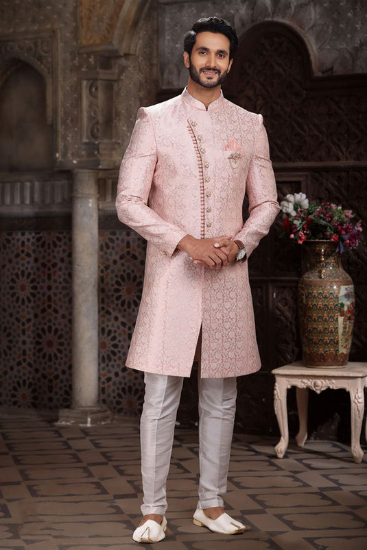 Jacquard Attractive Readymade Men Indo Western In Pink Color