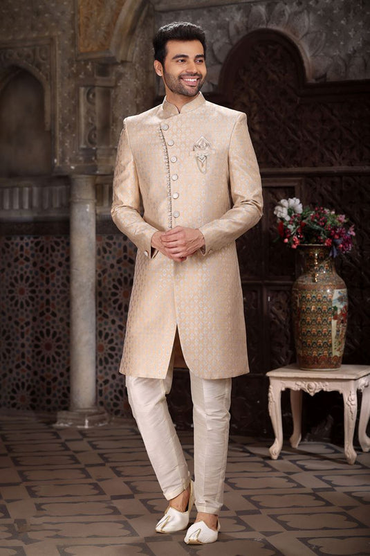 Cream Readymade Glamorous Indo Western For Men In Jacquard Fabric