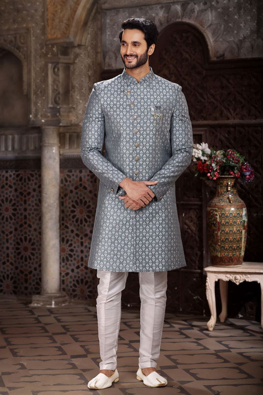 Grey Jacquard Fabric Magnificent Readymade Men Indo Western