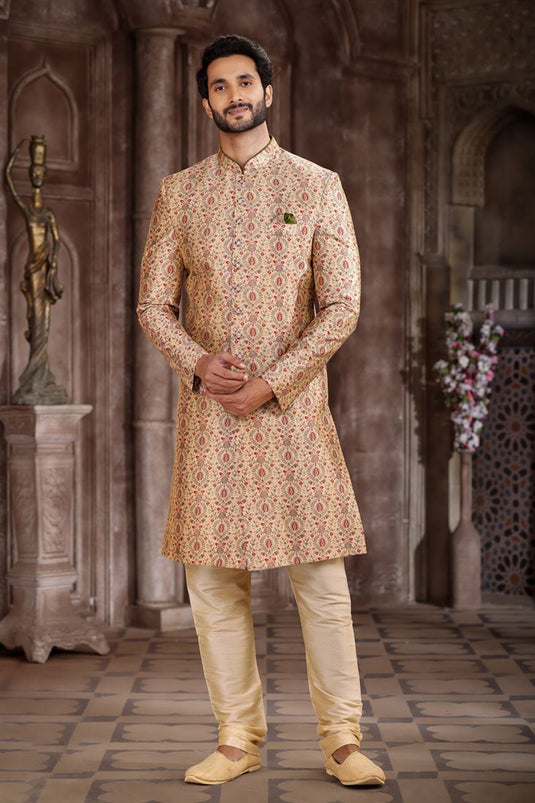 Cream Color Art Silk Fabric Wedding Wear Readymade Indo Western For Men