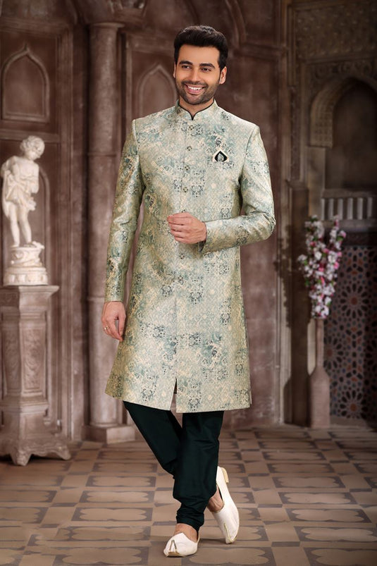 Art Silk Fabric Sea Green Color Wedding Wear Readymade Men Stylish Indo Western