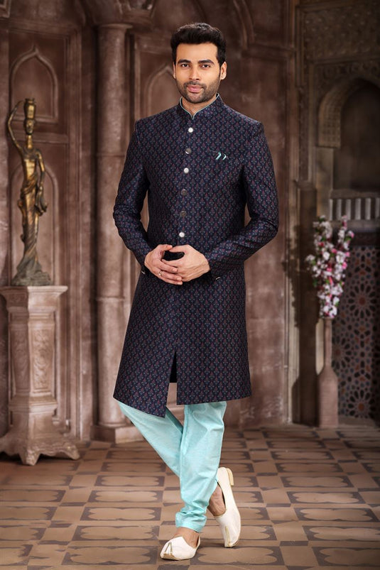 Navy Blue Wedding Wear Readymade Glamorous Indo Western For Men In Art Silk Fabric