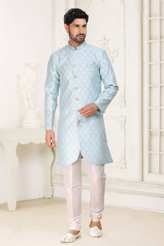 Sky Blue Color Banarasi Jacquard Fabric Wedding Wear Readymade Indo Western For Men