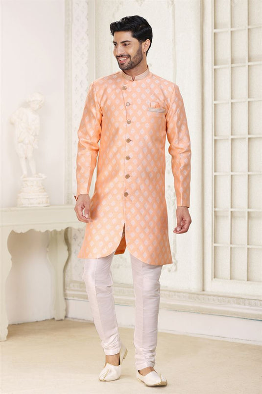 Peach Banarasi Jacquard Fabric Wedding Wear Trendy Readymade Indo Western For Men