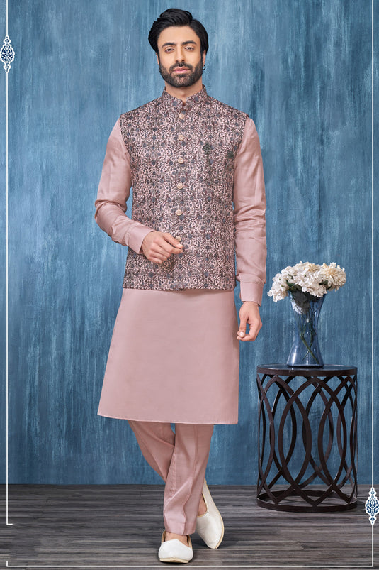 Embroidery Work Fancy Pink Color Banarasi Silk Fabric Function Wear Readymade Kurta Pyjama For Men With Jacket
