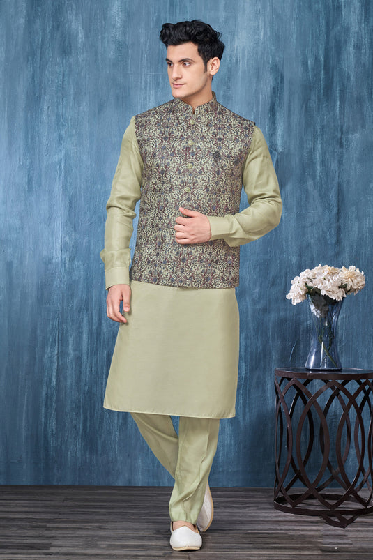 Banarasi Silk Fabric Embroidery Work Sea Green Color Festive Wear Readymade Men Stylish Kurta Pyjama With Jacket