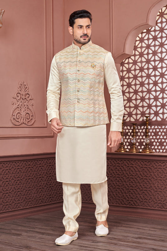 Cream Banarasi Silk Fabric Embroidery Work Sangeet Wear Trendy Readymade Kurta Pyjama For Men With Jacket