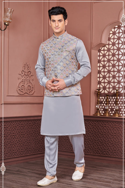 Banarasi Silk Grey Color Wedding Wear Embroidery Work Readymade Designer Men Kurta Pyjama With Jacket