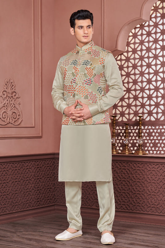 Embroidery Work Sea Green Color Reception Wear Readymade Banarasi Silk Fabric Kurta Pyjama For Men With Jacket