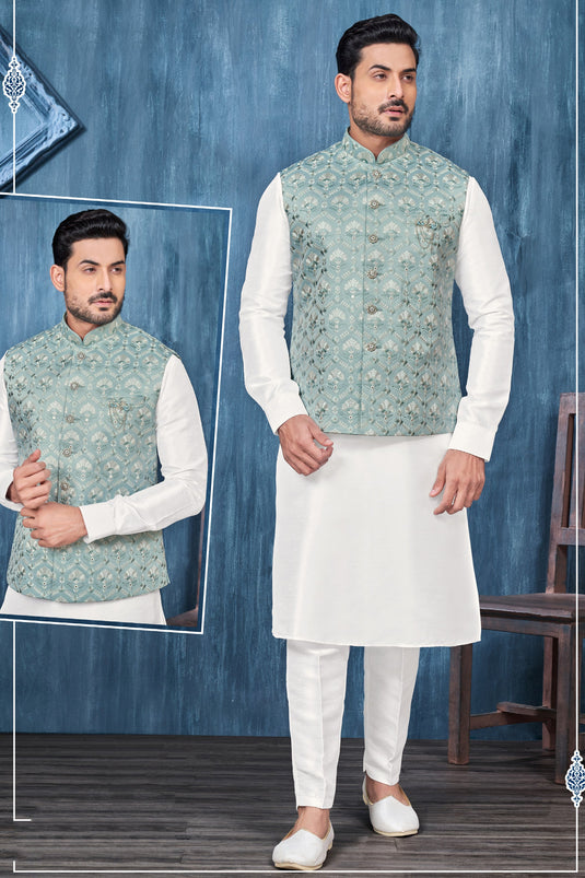 White Banarasi Silk Fabric Festive Wear Embroidery Work Readymade Kurta Pyjama For Men With Jacket