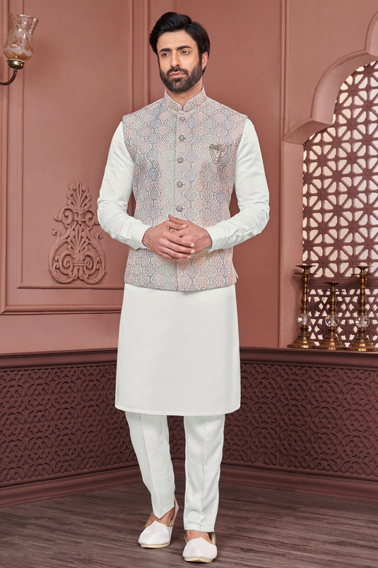 White Color Embroidery Work Banarasi Silk Fabric Function Wear Fancy Readymade Kurta Pyjama For Men With Jacket