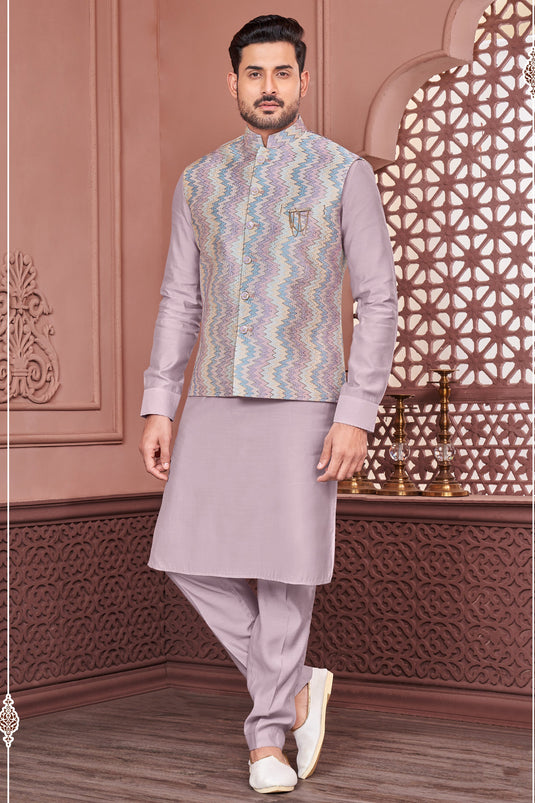 Banarasi Silk Fabric Lavender Color Embroidery Work Festive Wear Trendy Readymade Men Kurta Pyjama With Jacket