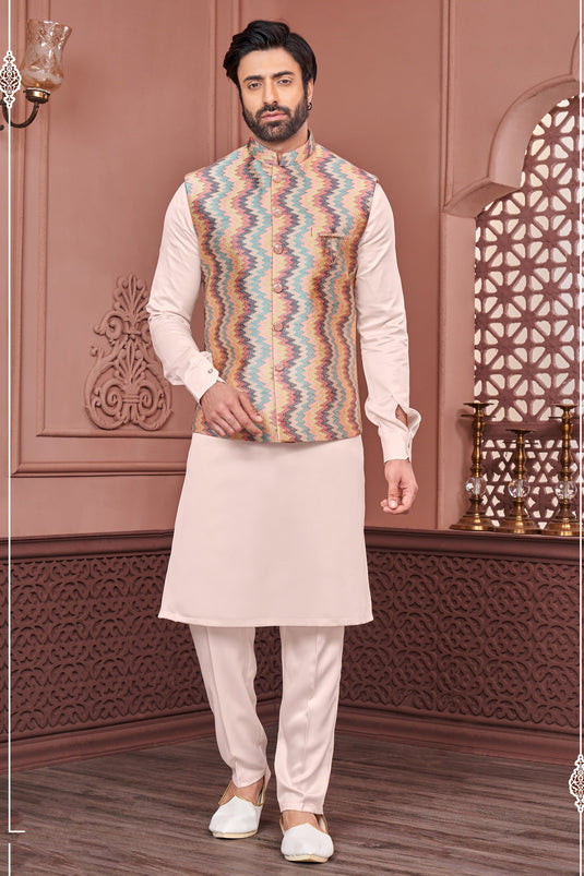 Peach Color Sangeet Wear Banarasi Silk Fabric Embroidery Work Designer Readymade Kurta Pyjama For Men With Jacket