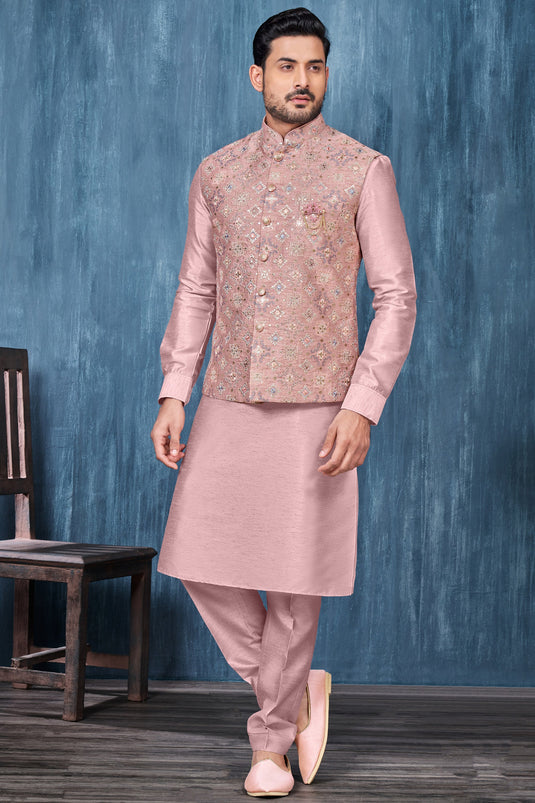 Embroidery Work Appealing Pink Color Banarasi Silk Fabric Function Wear Readymade Kurta Pyjama For Men With Jacket